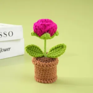 Planta en maceta de rosa a crochet hecha a mano, encantador adorno de escritorio.