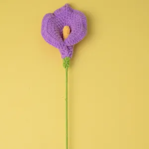 Gros plan détaillé d'une fleur de calla au crochet présentant une texture de fil fine.
