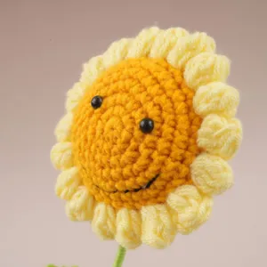 Close-up detail of cute handmade crochet sunflower plush toy with smile face and soft petals.