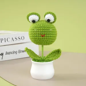 Handgemaakte gehaakte kikker potplant gedetailleerd overzicht, schattig wol ambacht tafelornament.