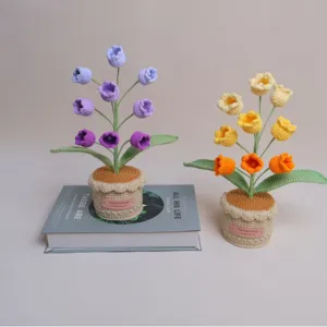 Plante en Pot de Fleurs Artificielles Muguet Tricoté à la Main en Fil Crochet Décoration de Bureau de Chambre à Coucher Maison Cadeau