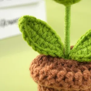 Primer plano detallado de planta de maceta de ganchillo hecha a mano con hojas verdes.