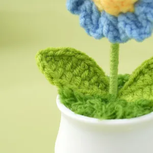 Nahaufnahme einer handgefertigten Häkel-Blume im Topf mit feinen Strickdetails und Keramik.