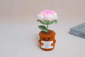 Handmade crochet potted flower ornament, cute desktop decor gift with emotional support card.