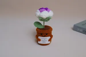 Crochet potted plant detail showing cute knitted face, flower, and emotional support card.
