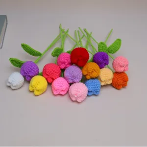 Handmade Crochet Knitted Wool Artificial Tulip Flower Nordic Style Home Decor Desktop Ornament Floral Gift