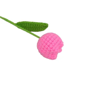 Handcrafted crochet pink tulip flower stem knitted wool plant nice home decor gift.