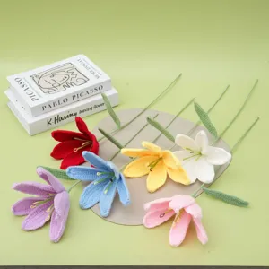 Handmade crochet yarn lily flower bouquet, finished colorful knitted floral arrangement decor.