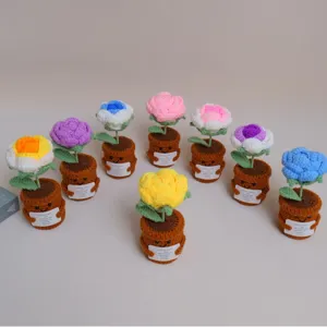 Hand Knitted Crochet Wool Potted Flower Simulation Plant Desk Ornament Cute Smiley Face Knitted Floral Decor Gift Home
