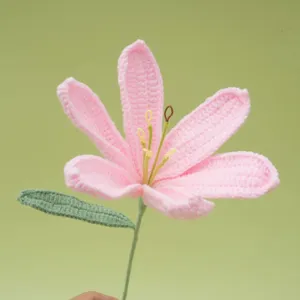 Handcrafted crochet pink lily flower knitted wool floral gift for mothers day girlfriend decoration