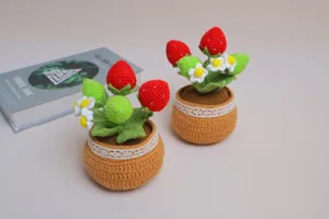 Handmade crochet strawberry potted plant, cute wool woven flower decor for home desk gift.
