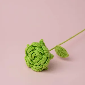 Nahaufnahme einer handgefertigten grünen Häkelrose mit Stiel, ideal als kreatives Geschenk.