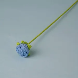 Handmade crochet bubble rose flower detail, single knitted stem, cute home decor gift.