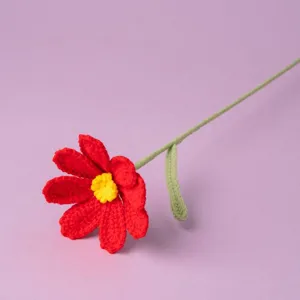 Handcrafted crochet red flower detail, handmade wool knitted floral stem decor for gifts.