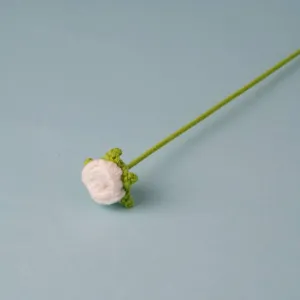 Handmade crochet white rose flower single knitted wool stem for home decor and gifts