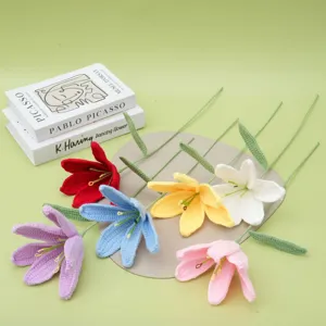 Handmade Knitted Wool Lily Flower Crochet Artificial Flower Bouquet For Mothers Day Gift Home Decor