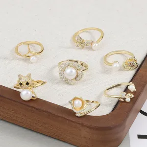Minimalistischer Kupfer Süßwasserperle Offener Ring Für Damen Verstellbarer Stilvoller Strass Blume Schmetterling Tier Finger Schmuck Geschenk