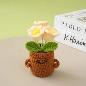 Handmade crochet potted flower with cute face design, perfect desktop decoration gift.