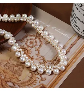 Elegante Süßwasserperlen mehrschichtig gewebte Halskette, stilvoller Vintage Damenschmuck