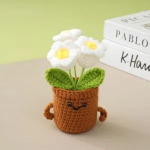 Handmade crochet potted flower with cute face design, perfect cute desktop decor and gift.