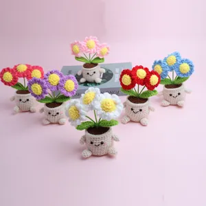 Plante en Pot de Marguerites en Fil Tricoté Fait Main Visage Souriant Mignon Fleur Artificielle Ornement de Bureau Décoration Cadeau