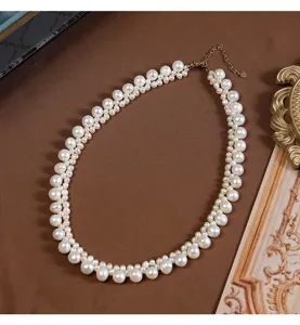 Originale, mehrreihig gewebte Süßwasserperlen-Halskette mit 14k vergoldetem Verschluss u. Kette.