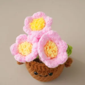 Handmade crochet potted flower cute pink blossom plant desktop ornament home decor gift