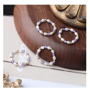 Natürliche Süßwasserperle lila Kristall elastischer Ring, elegantes handgemachtes Schmuckset.