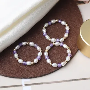 Natürliche Süßwasser Reisperle Amethyst Perlenring Für Damen US 14K Gold Filled Elastischer Stretchring Retro Schmuck Geschenk