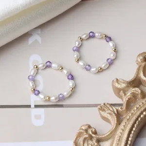 Natürliche Süßwasserperle lila Kristall Perlen Ring elastischer Goldschmuck Hauptansicht