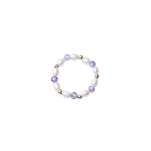 Natürlicher Süßwasserperlen und Amethyst Perlenring, eleganter elastischer Goldschmuck.