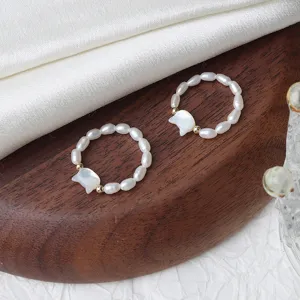 Anello gatto con perla d'acqua dolce e conchiglia, anelli di perle naturali elastici gioielli chic.