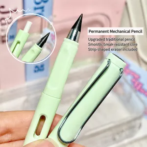 Detalle de lápiz eterno verde con clip metálico y borrador integrado para estudiantes.