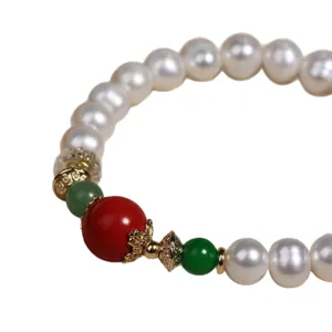 Natürliche Süßwasserperlen Armband mit rotem Zinnober und grünen Perlen chinesischen Stils