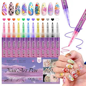 Water-based nail art pen set 12 colors 0.7mm quick drying marker for DIY nail painting details.