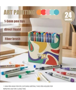 Detail view of 24-color acrylic marker set featuring fiber brush tips for art painting.