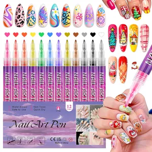 12-color nail art pen set with 0.7mm fine tip for DIY manicure painting and waterproof lines.