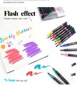 Detailed view of dual head sparkly marker set, colorful soft tip brush for painting and DIY crafts.