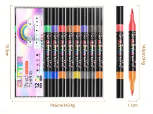 Detailed view of dual-color glitter brush markers showing pen tips, box and size specs.
