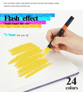 Double headed dual color glitter marker pen set, 1-5mm soft tip for creative drawing and painting.