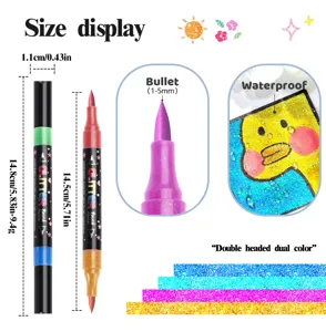 Double-headed glitter marker pen detail, dual color design, waterproof bullet tip 1-5mm.