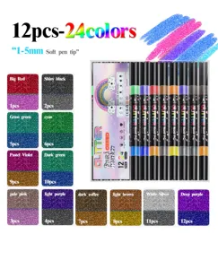 Double-headed dual-color glitter marker set, 1-5mm soft brush tip, ideal for art painting.