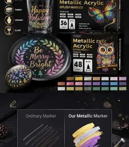 Set de marqueurs pinceaux acryliques métalliques, 36/48 couleurs pour roche, verre, toile, bois.