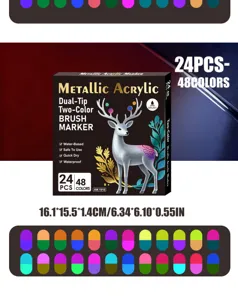 Détail du set de marqueurs acryliques métalliques double pointe, 24 pcs 48 couleurs, 16,1x15,5cm.