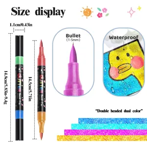 Dual head glitter marker pens set, colorful soft brush and bullet tip for drawing art crafts.