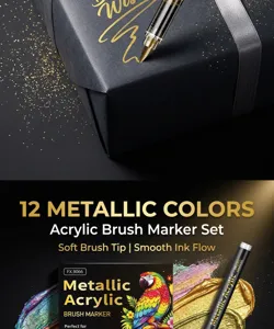 Set de 12 marqueurs acryliques métalliques à pointe pinceau pour loisirs créatifs.