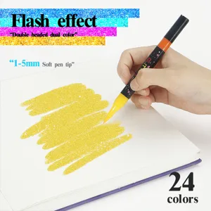 Dual head glitter marker pen set, 24 vibrant colors soft brush tip for creative drawing.