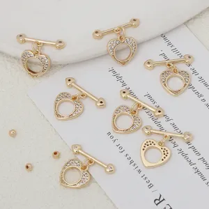 Cierres OT de corazón de circonita micro engastada dorada para pulseras collares