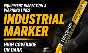 Industrial paint marker pen detail view, 2.8mm fine tip, high coverage on dark surfaces.