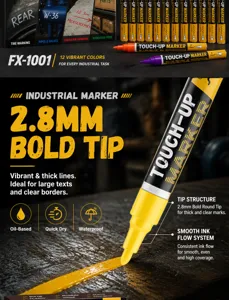 Industrial marker pen detail showing 2.8mm bold tip, oil-based quick dry ink for various surfaces.